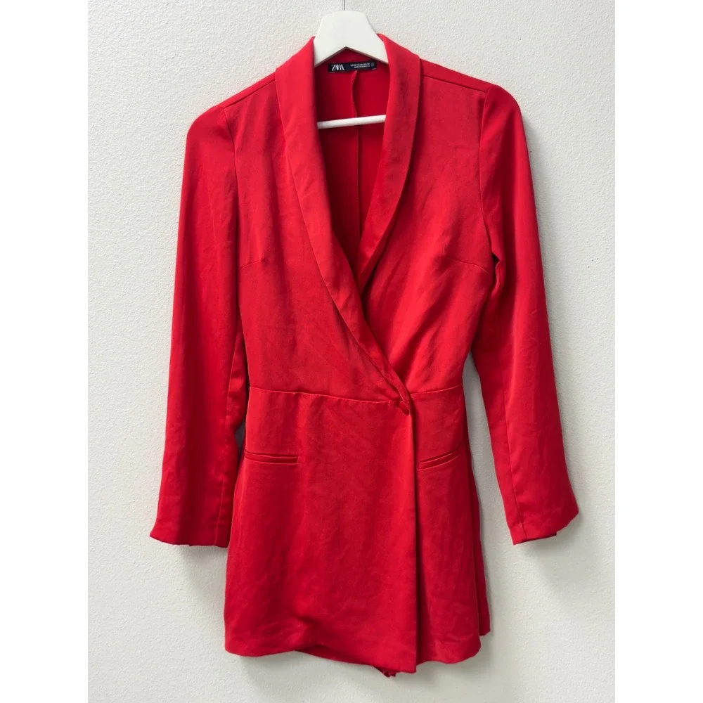 Zara Blazer Romper Womens XS Red Shawl Lapel Long Sleeve Playsuit Chic - Picture 3 of 10